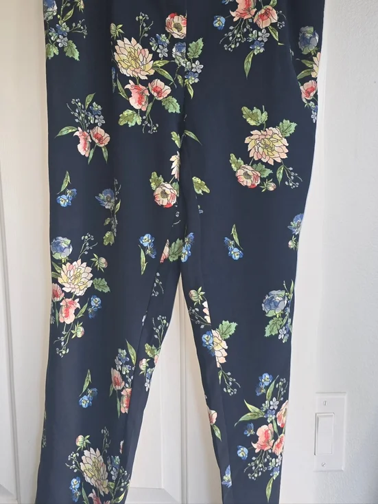 Dalia Navy Floral Print Pants with Pink and Green Blooms - Picture 4 of 5